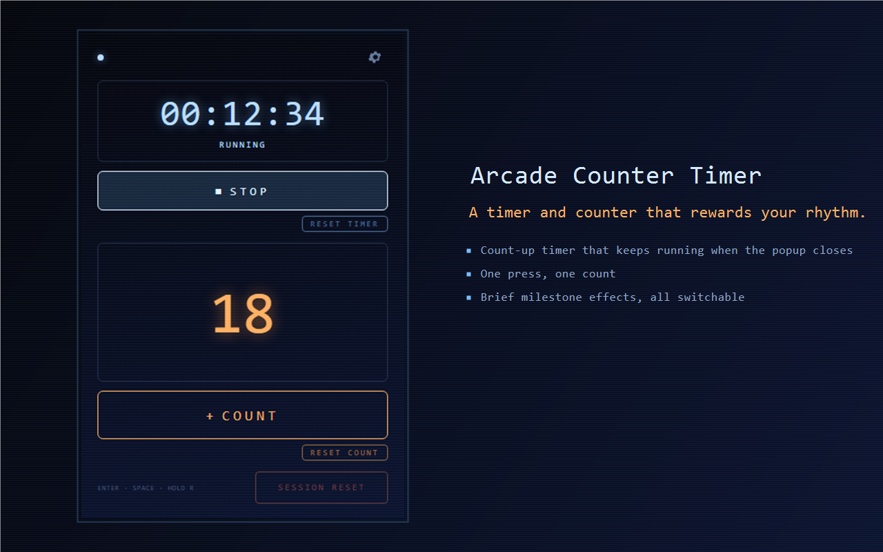 Arcade Counter Timer: a count-up timer reading 00:12:34 and a large count of 18, with START and COUNT buttons.