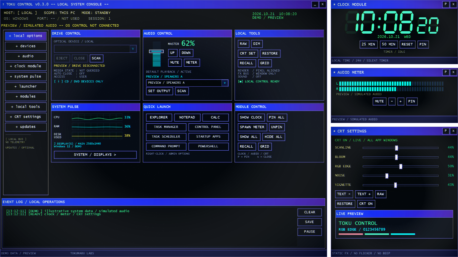 TOKU CONTROL's CRT-style console with a digital clock, audio meter and CRT settings stacked on the right. Demo data.
