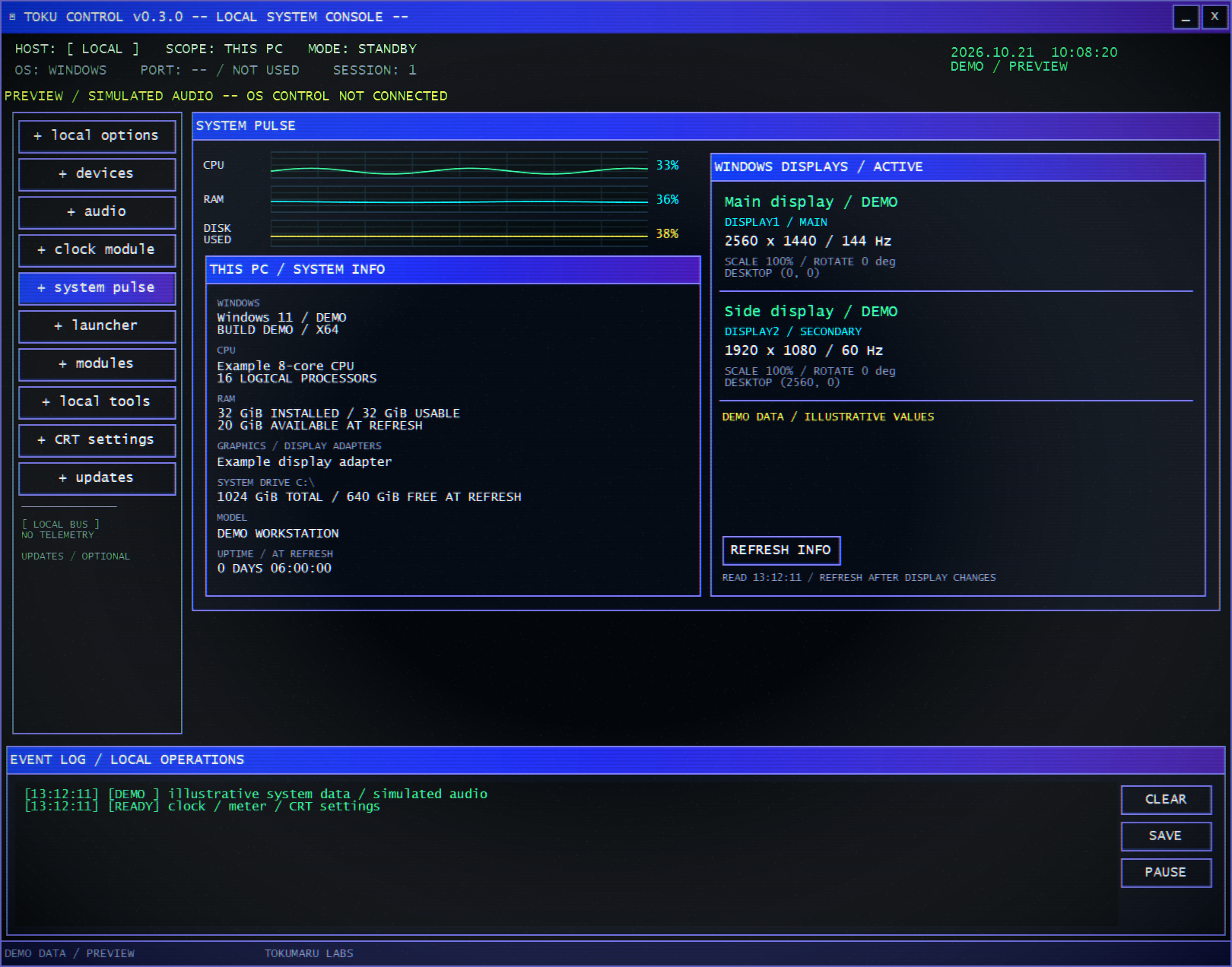 The system panel showing demo Windows, CPU and memory information beside two example monitors.
