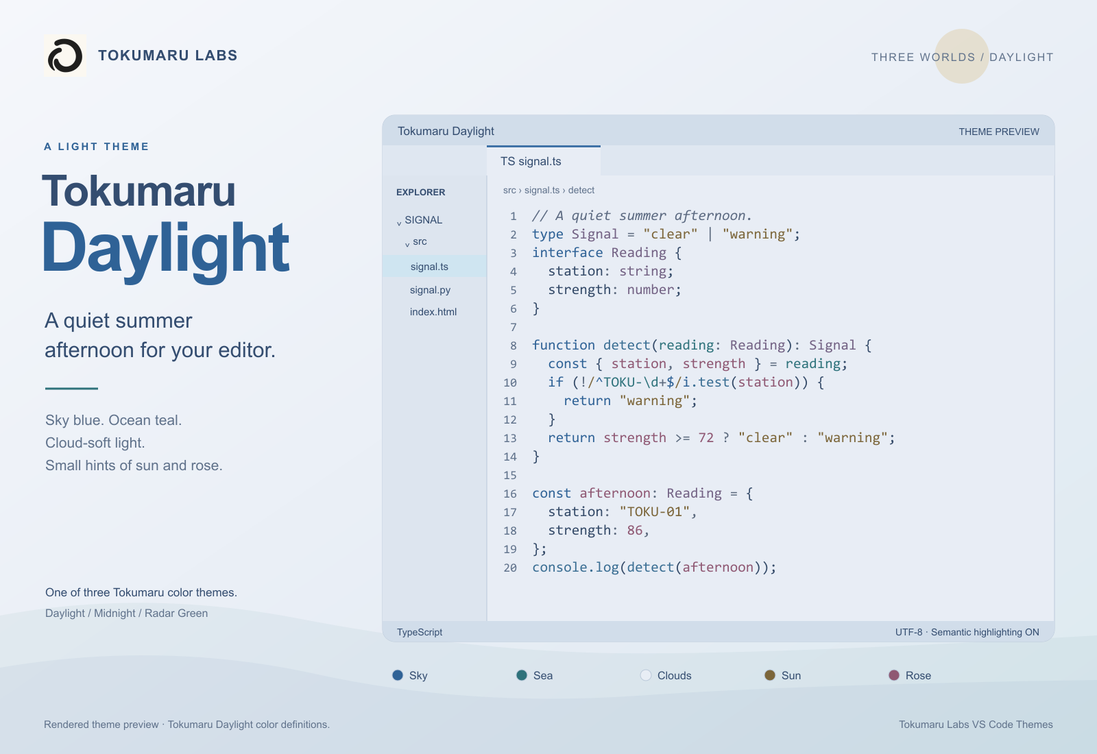 Rendered Tokumaru Daylight preview with soft blue-gray surroundings and sky-blue syntax.